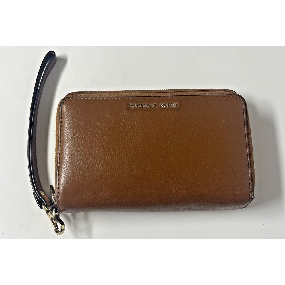 Michael Kors Women's Double Zip Wristlet Wallet Saffiano Brown Leather‎